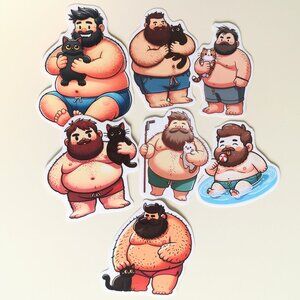 Lot of 7 Men Bear Dad Bod Holding Cats Stickers Cute Gay LGBT